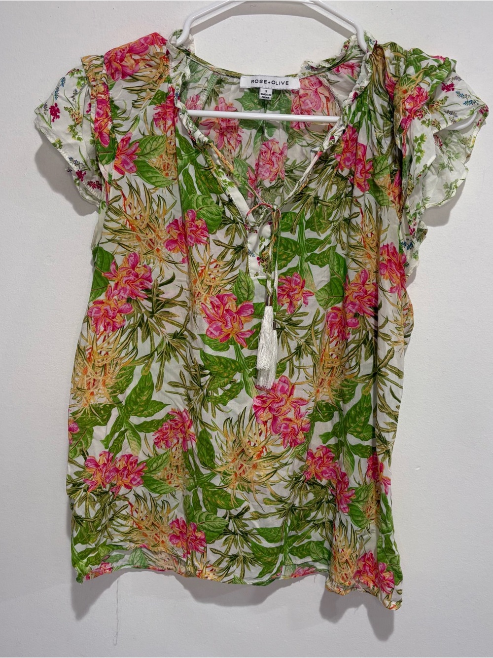 Rose + Olive Floral Blouse Top Small Boho Peasant Tassel Tie Neck Ruffle Sleeve - Picture 8 of 10